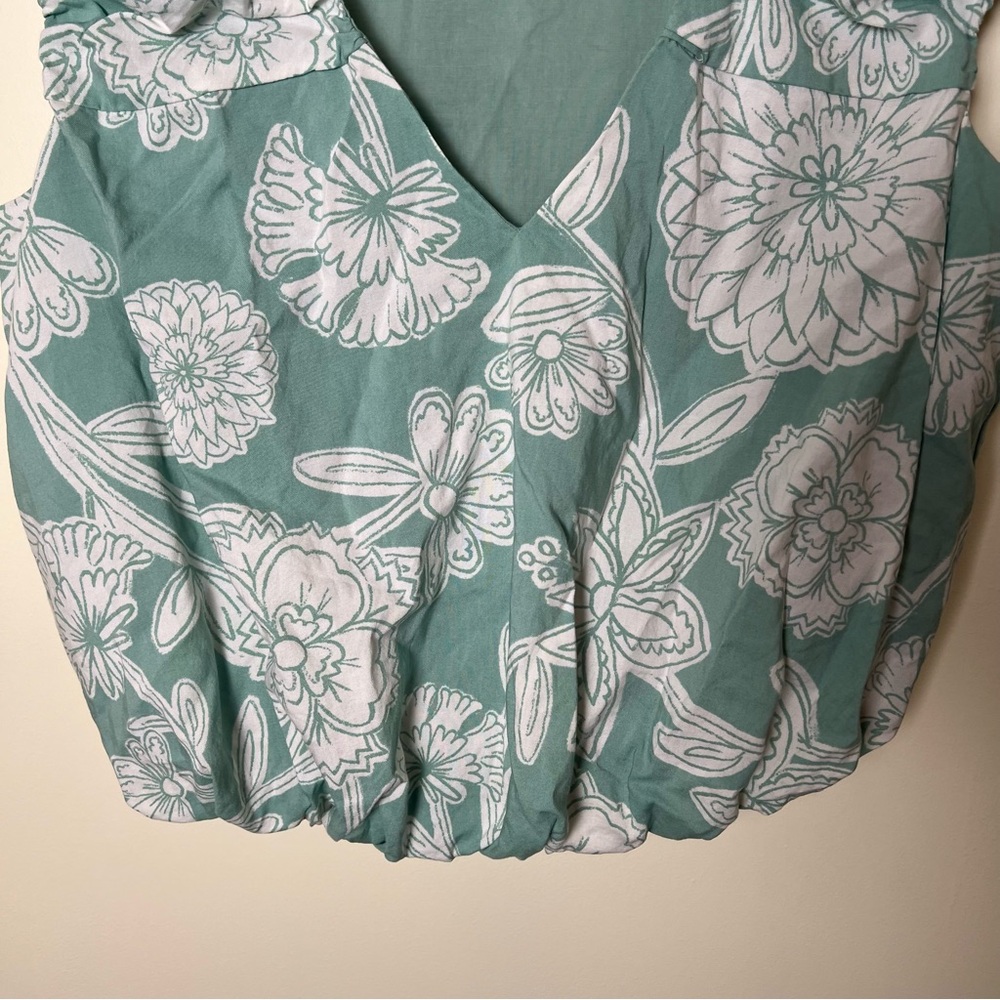 Loft Floral V Neck Bubble Hem Cropped Short Sleeve Top Size Small Teal Green - Picture 7 of 10
